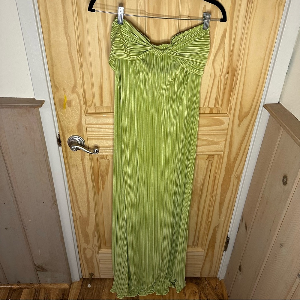 178 Strapless Lime Green Pleated Maxi Dress